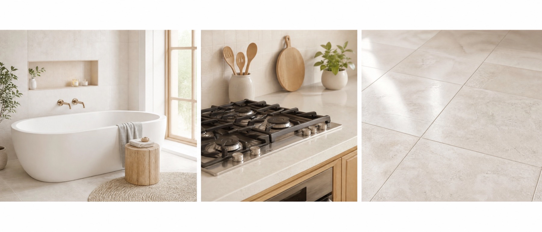 Deep-cleaned bathtub, stovetop, and tile floor details